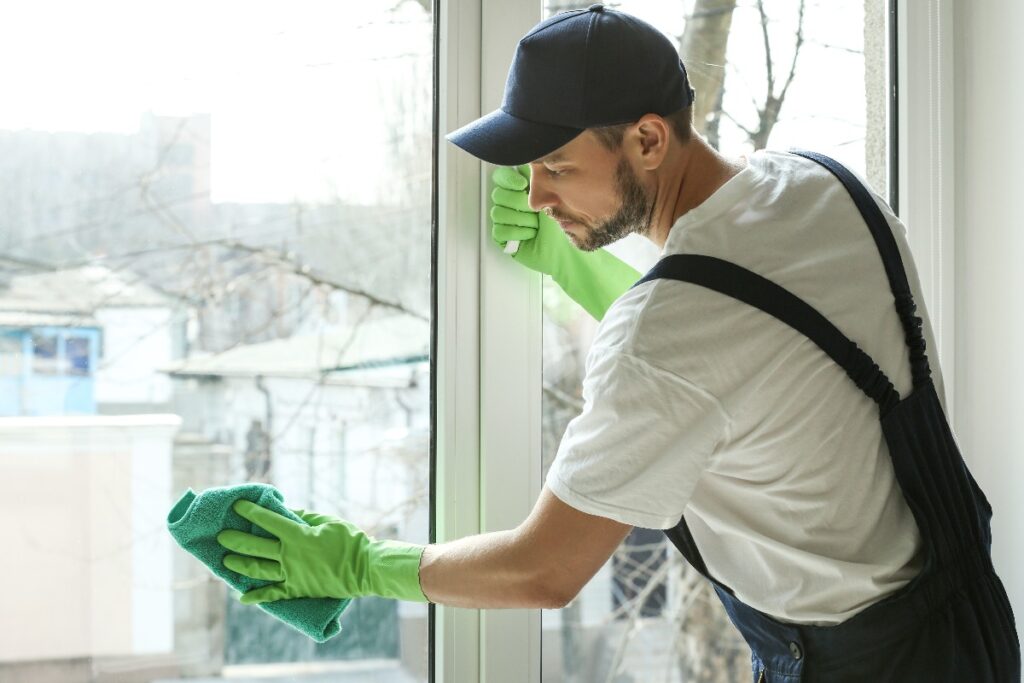 Young man cleaning window in office